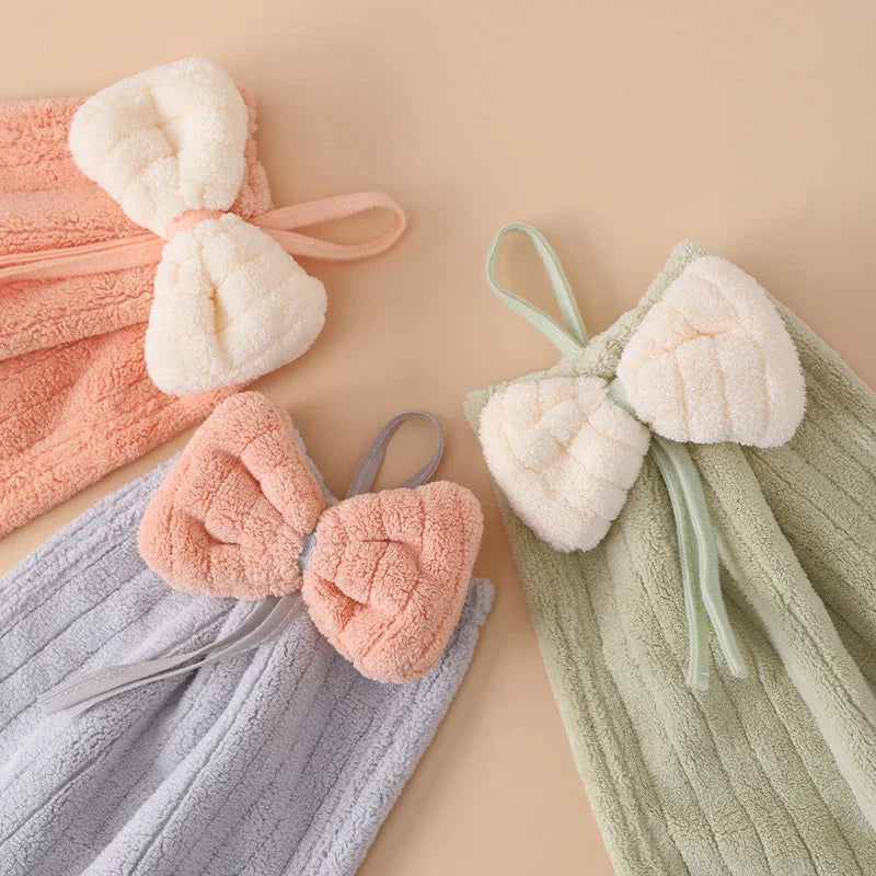 DecorBites™ Bowknot Microfiber Hand Towels Soft & Absorbent Coral Velvet for Kitchen & Bathroom