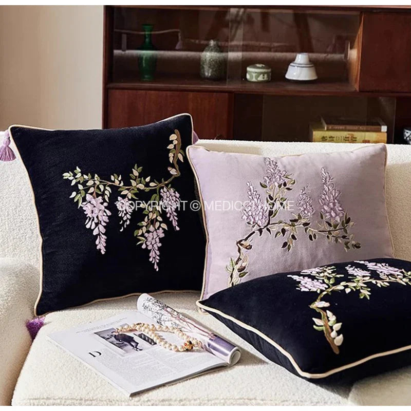 DecorBites™ Botanical Wisteria Embroidered Cushion Cover with Tassel