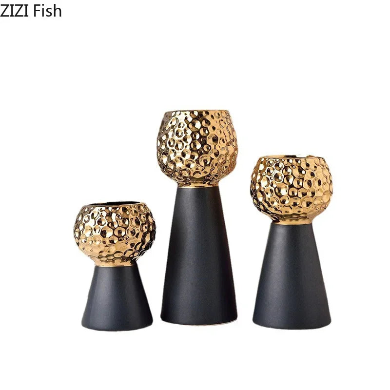 DecorBites™ Gold Hammer Pattern Ceramic Vase: Creative Plant Pot for Table Decoration and Floral Arrangement