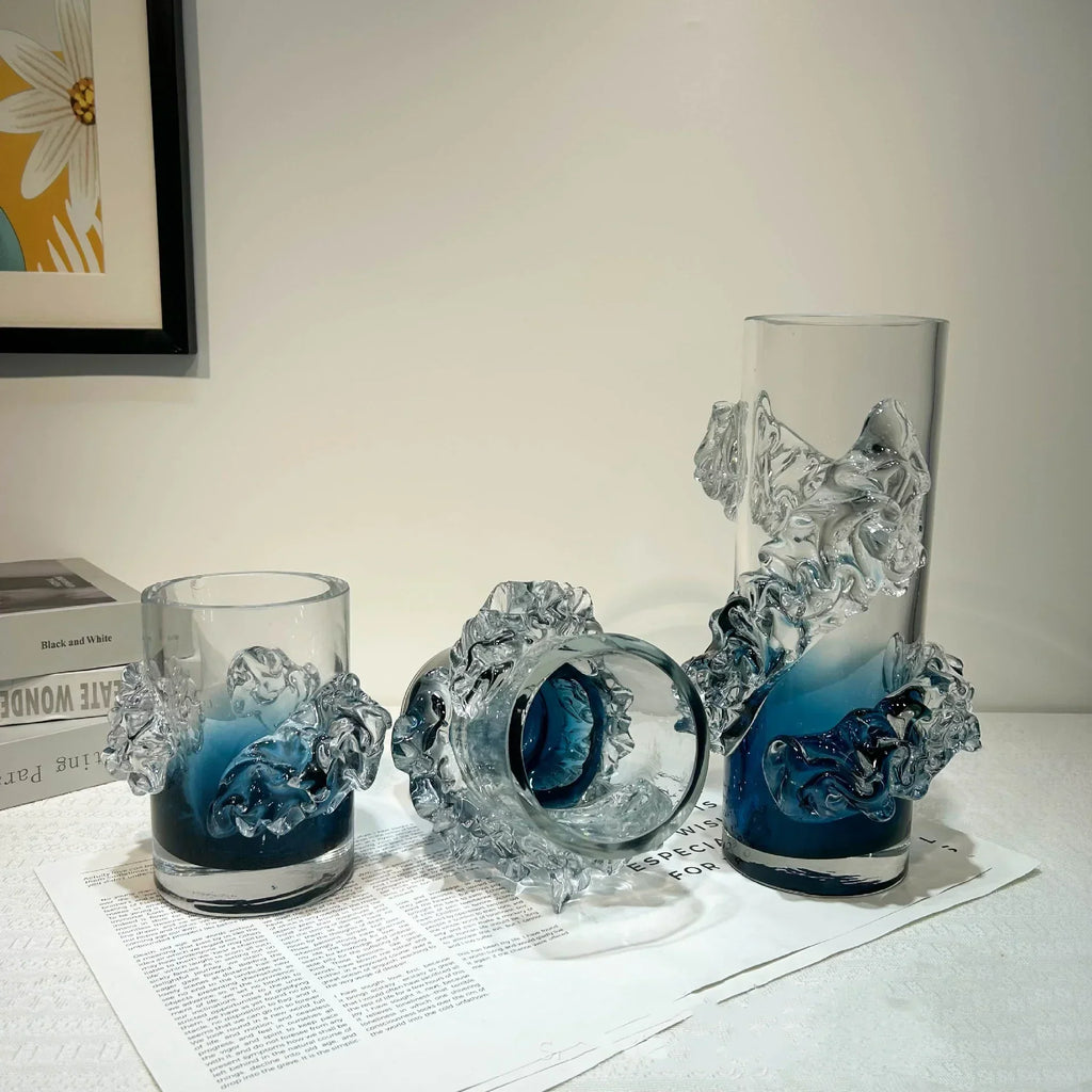 DecorBites™ Blue Gradient Wavy Glass Vase for Floral Arrangements and Room Decor