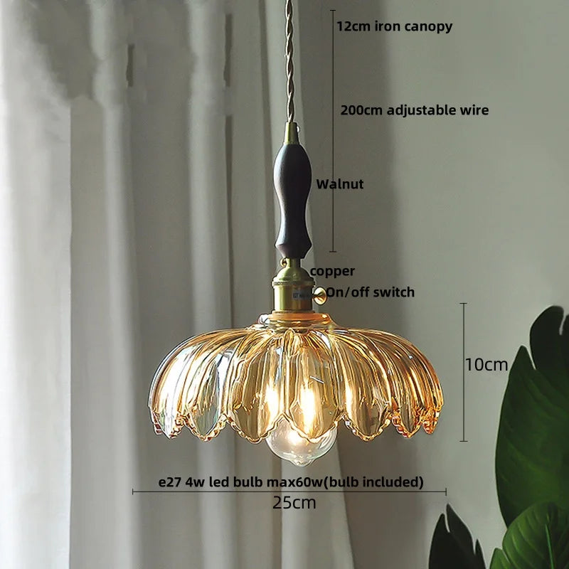DecorBites™ Amber Flower Glass Pendant Lamp LED Knob Switch Nordic Modern Hanging Lights