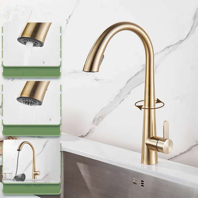DecorBites™ Brushed Gold Kitchen Sink Faucet with Pull Out Spring Spout