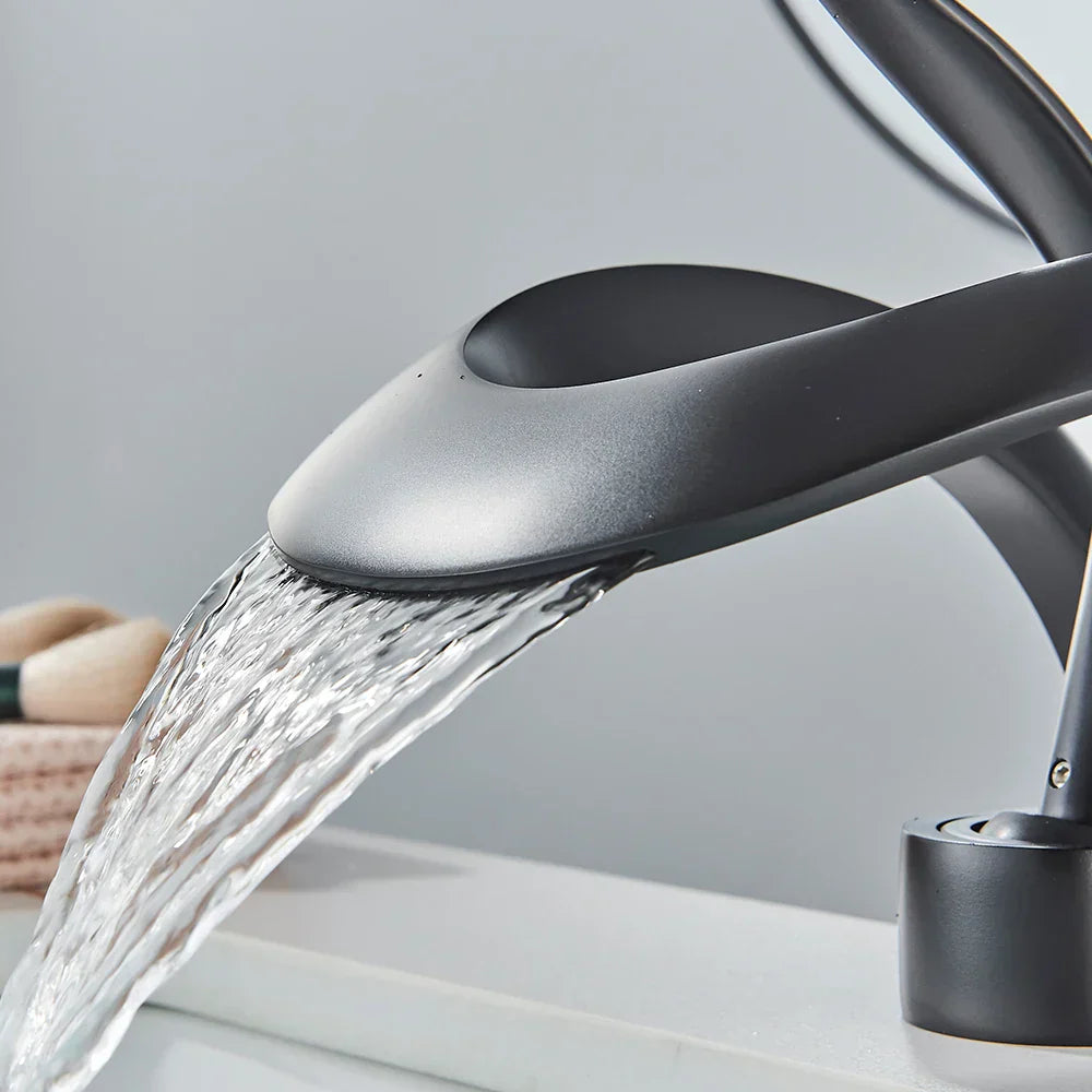 DecorBites™ Black Basin Faucet Grey Waterfall Mixer Tap Hot Cold Modern Brass Deck Mount