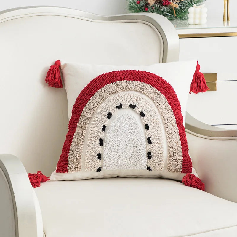 DecorBites™ Christmas Embroidered Red Geometric Cushion Cover - Festive Holiday Throw Pillow Cover