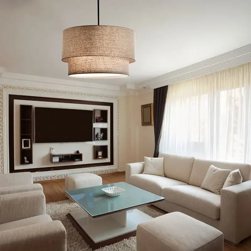 DecorBites™ Double Linen Fabric Pendant Light Drum Lamp - Scandinavian Style Dining Room Bedroom Restaurant