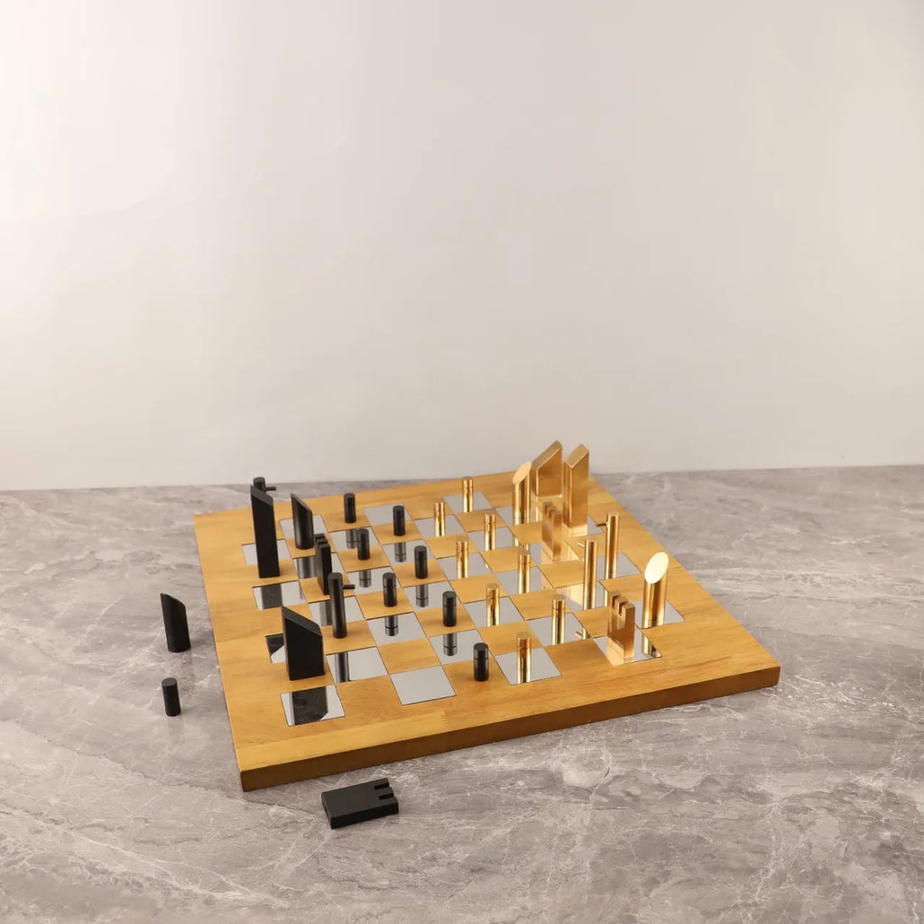 "DecorBites™ Geometric Block Chess Set - Wooden Metal Chessboard Home Decor"