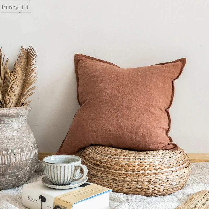 DecorBites™ Linen Pillow Cover 45x45cm Plain Fringed for Home Sofa Bed Decoration