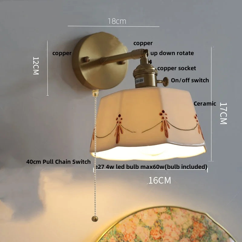 DecorBites™ Ceramic Brass LED Wall Light Fixture Pull Chain Switch Bedside Sconce
