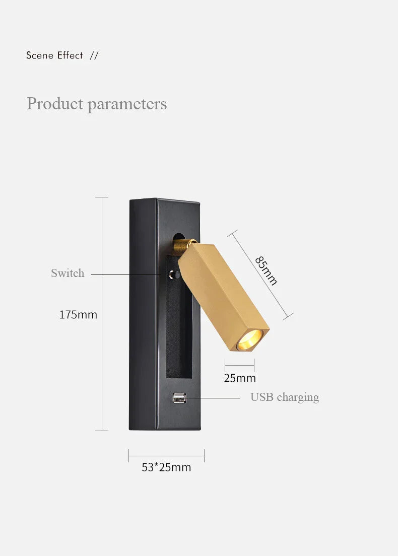 DecorBites™ Black Brass Wall Sconce with USB Port and Switch, 3W Spotlight for Bedroom