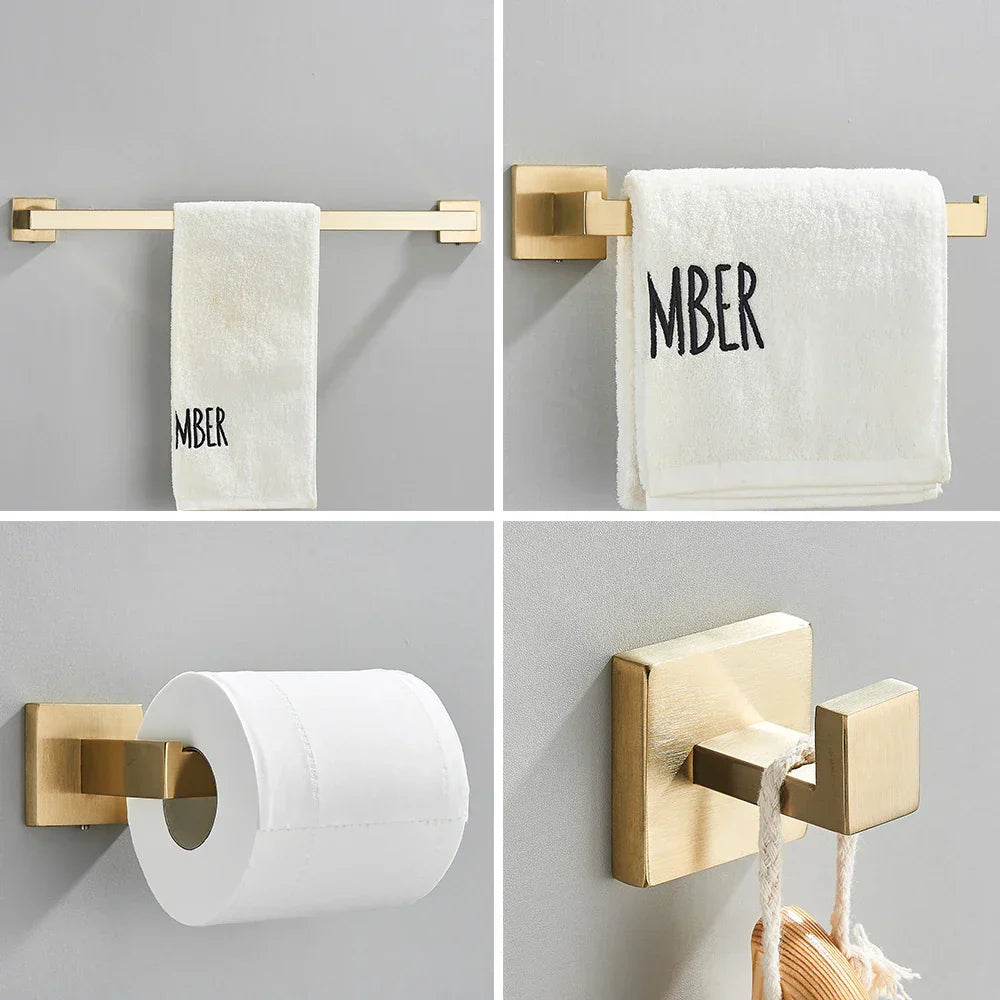DecorBites™ Brushed Gold Stainless Steel Bathroom Accessories Set: Toilet Wall Towel Bar, Paper Holder, Hook