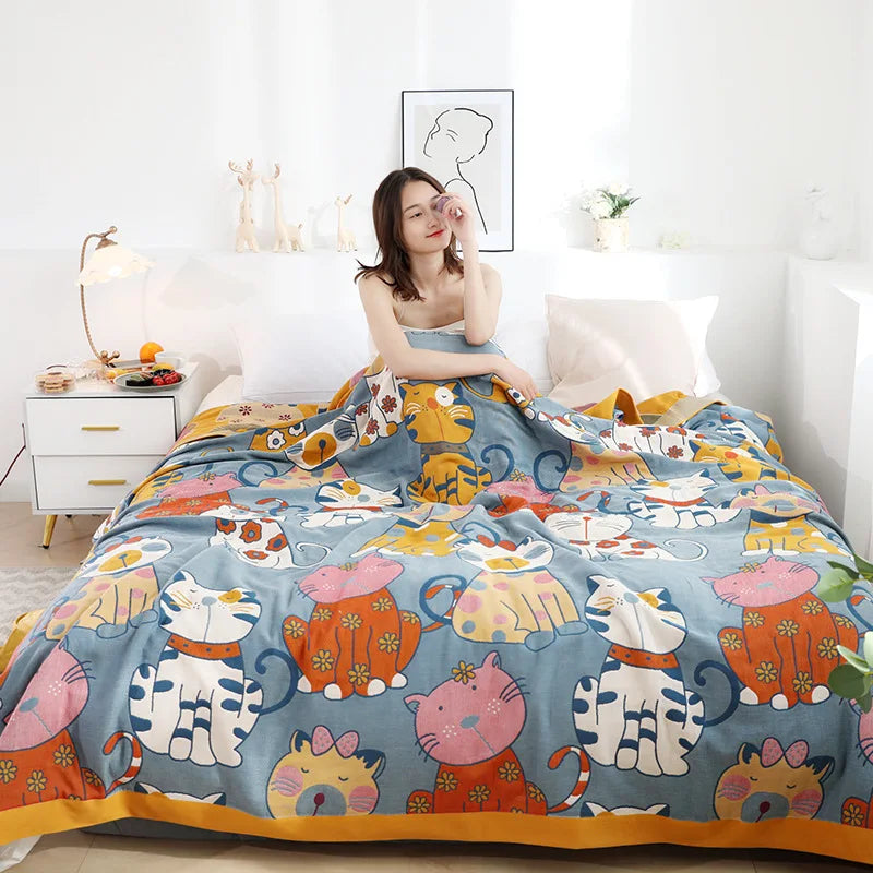 DecorBites™ Boho Printed Cotton Blanket - Green Muslin Large Soft Bed Throw Cover