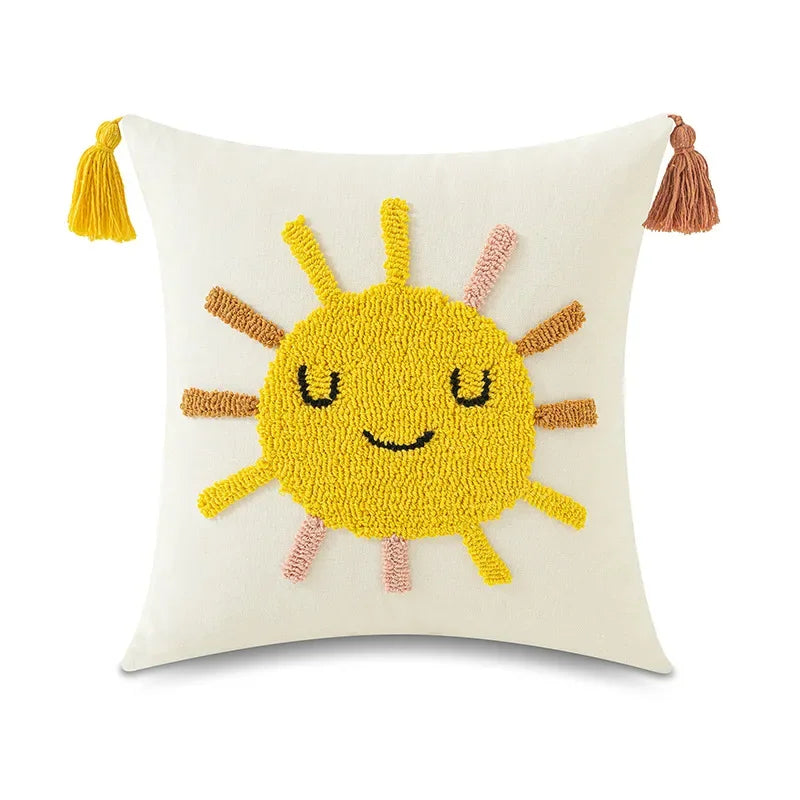 DecorBites™ Boho Yellow Rainbow Star Moon Embroidery Pillow Cover 45x45cm with Tassels