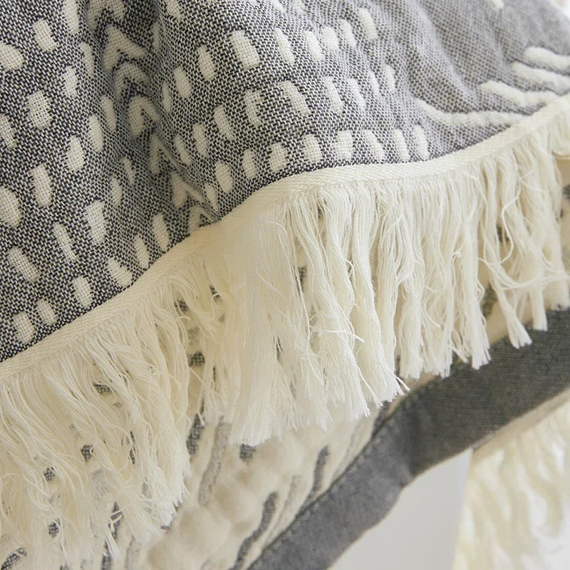 DecorBites™ Bohemian Cotton Throw Blanket - Four Layer Gauze Bedspread with Tassel Detail