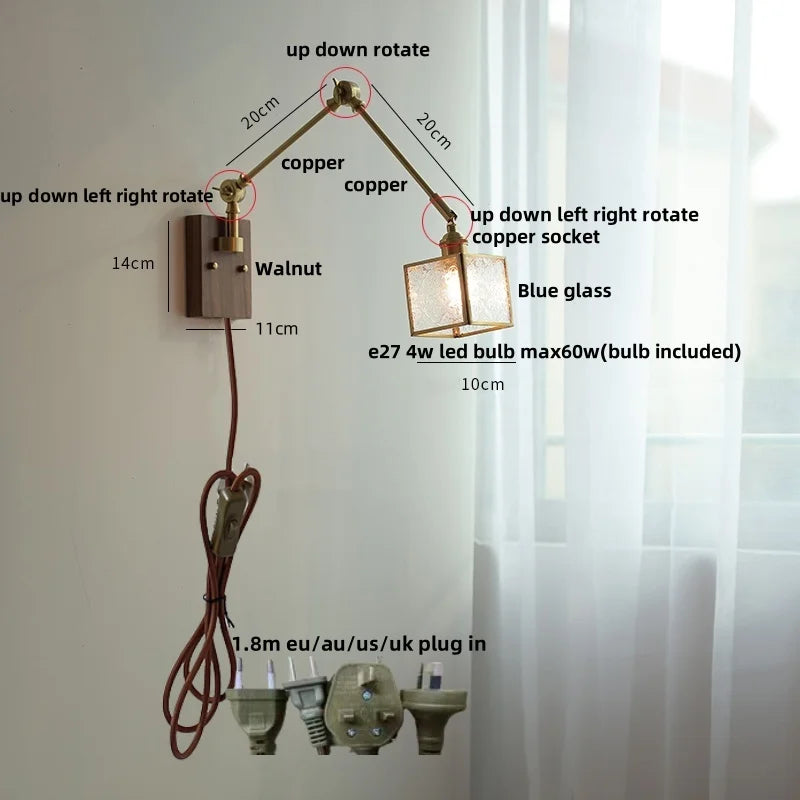 DecorBites™ Ash Wood LED Swing Arm Wall Light with Pull Chain Switch & Blue Glass