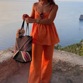 Women's Fashion Orange Linen Cotton Two Piece Sets Summer Sleeveless Sling Top & Straight Pant Casual Beach Holiday Outfits