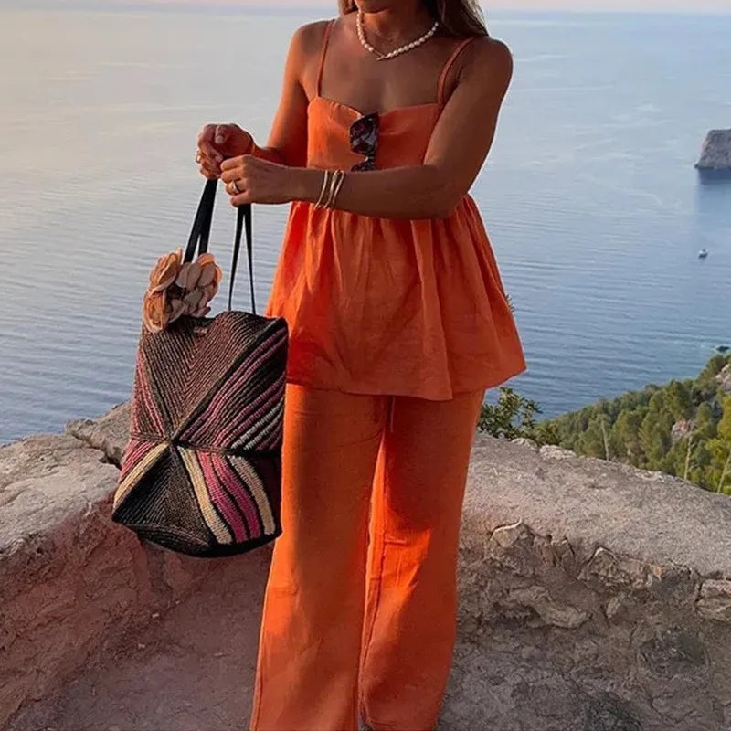 Women's Fashion Orange Linen Cotton Two Piece Sets Summer Sleeveless Sling Top & Straight Pant Casual Beach Holiday Outfits