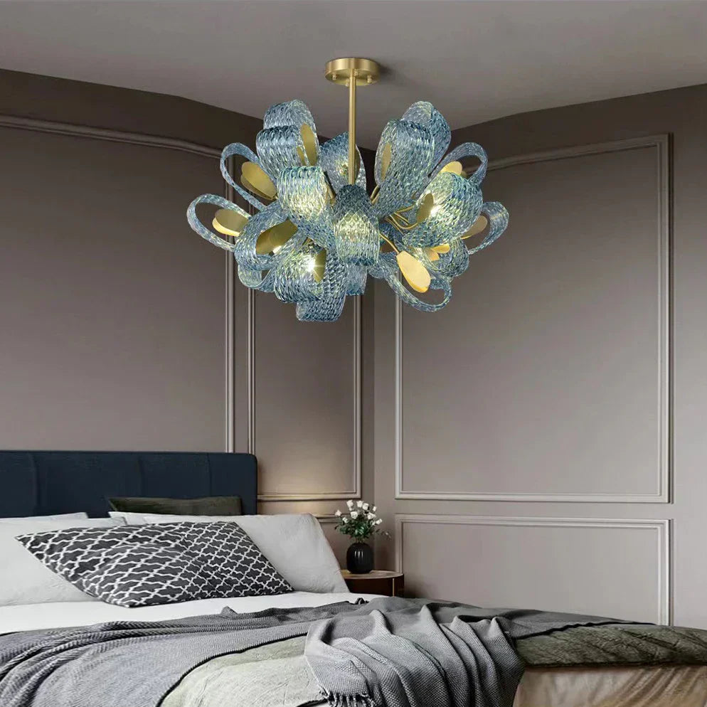 DecorBites™ Blue Glass Luxury Brass Ceiling Pendant Light - Creative Flower Design