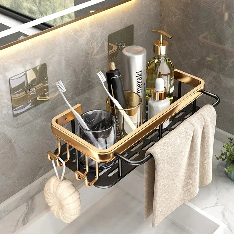 DecorBites™ Aluminum Corner Bathroom Shelf with Towel Holder