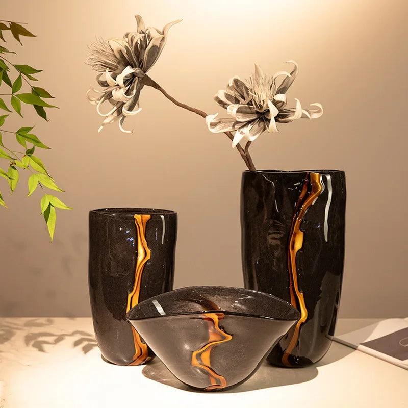 DecorBites™ Black Glass Vase Flower Pot for Terrarium Room Decoration and Floral Arrangement