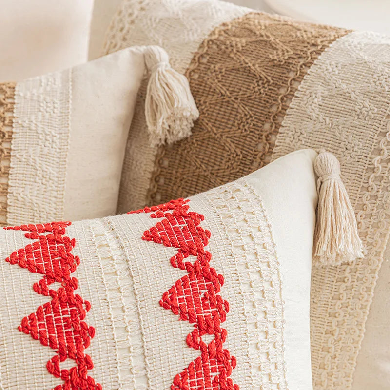 DecorBites™ Boho Geometric Tassel Cushion Cover Cotton Linen Crochet Pillowcase