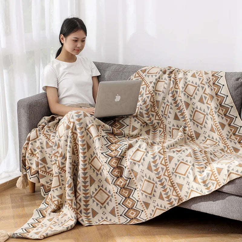 DecorBites™ Bohemian Knitted Oat White Tassel Blanket - Home Office Air Conditioning Nap Decor