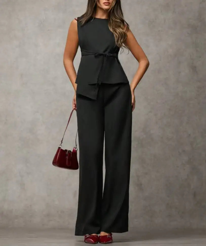 Women's Black Two Piece Set Sleeveless Round Neck Tie Asymmetric Hem Top Wide Leg Pants Set Spring Summer Office Elegant Outfit