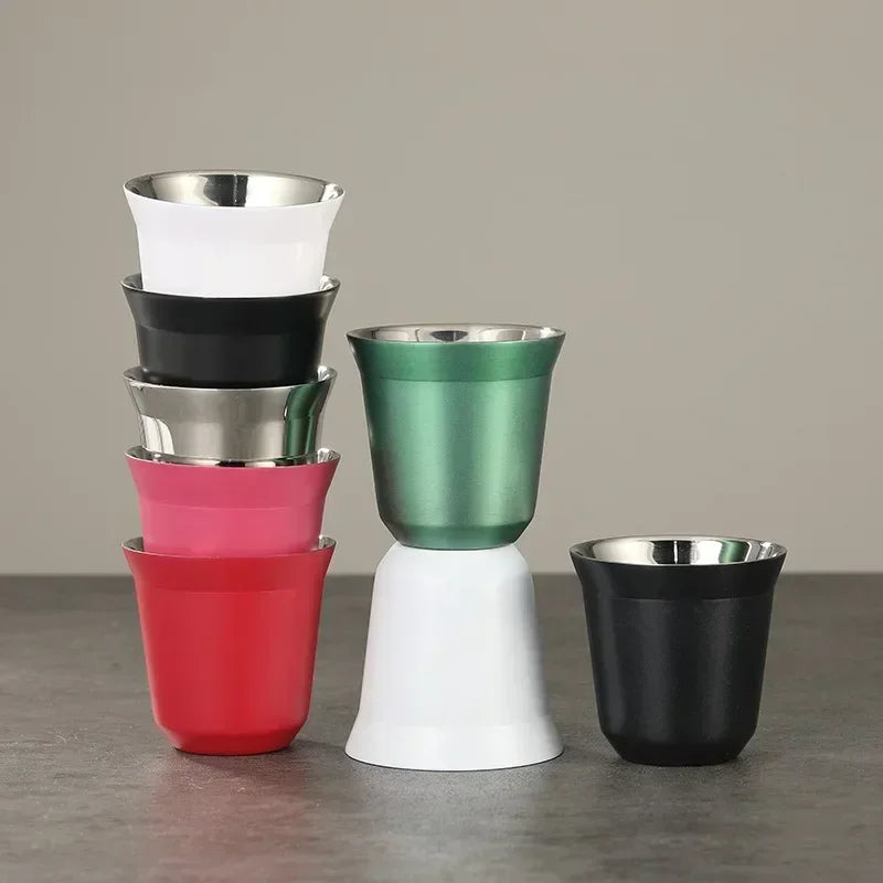 DecorBites™ Double Wall Espresso Mugs 80ml - Set of 2 Stainless Steel Heat Insulated Cups