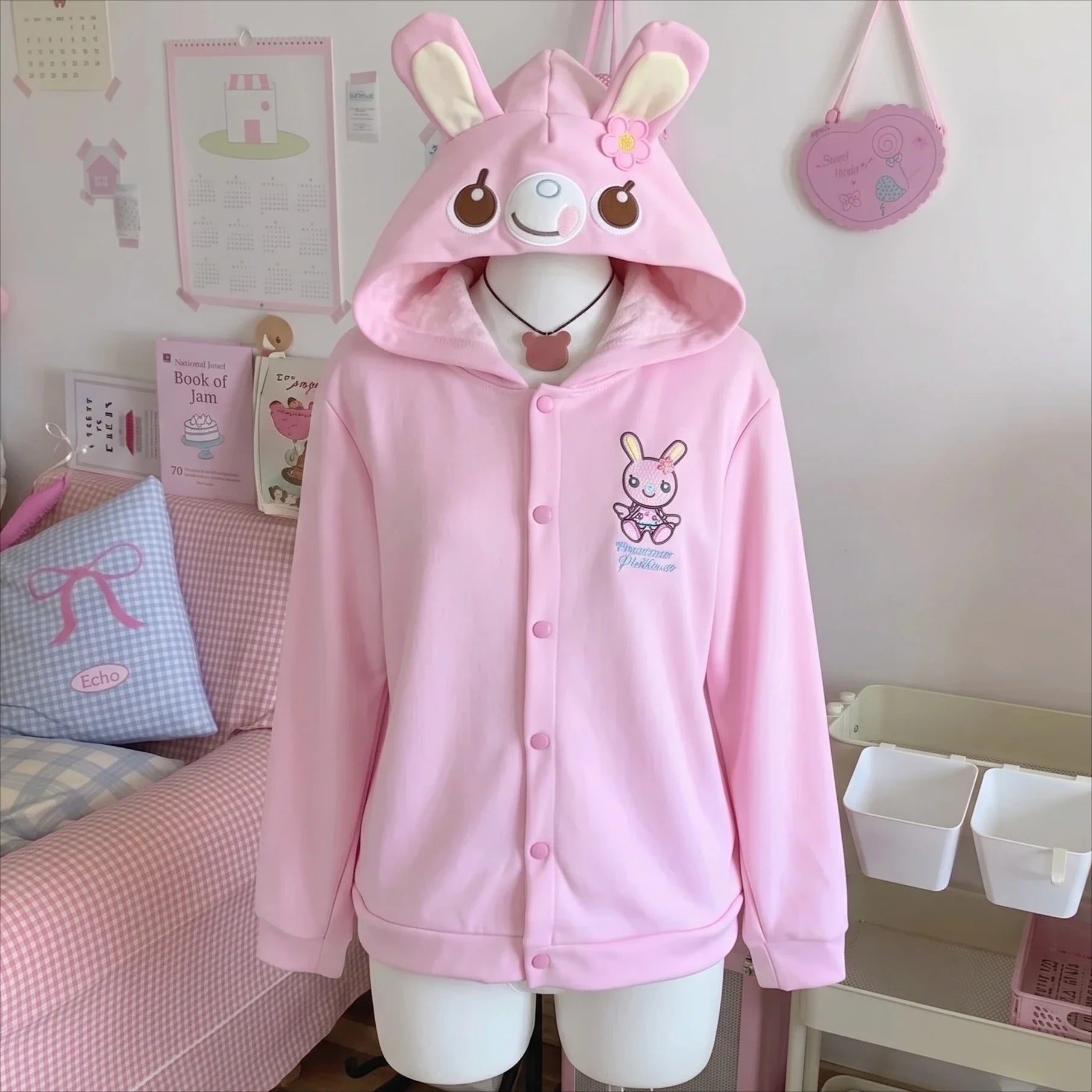 Japanese Cute Coat Embroidery Rabbit Ear Hooded Subculture Kawaii Y2k Tops Casual Fashion Sweet Coats Ropa Mujer Women Clothing