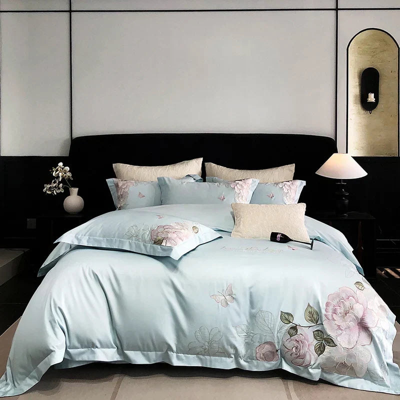 DecorBites™ Butterfly Flowers Embroidery 600TC Egyptian Cotton Bedding Set: Duvet Cover, Bed Sheet, Pillowcases
