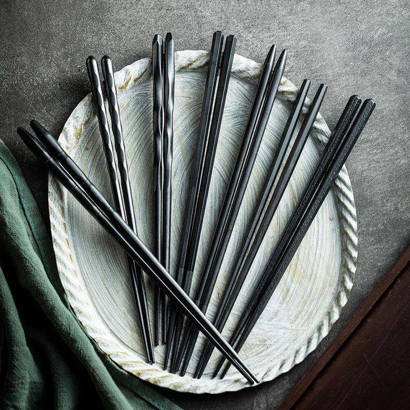 DecorBites™ Japanese Style Black Alloy Chopsticks - 10 Pairs | Anti-Slip, Moisture-Proof, High Temperature Tableware
