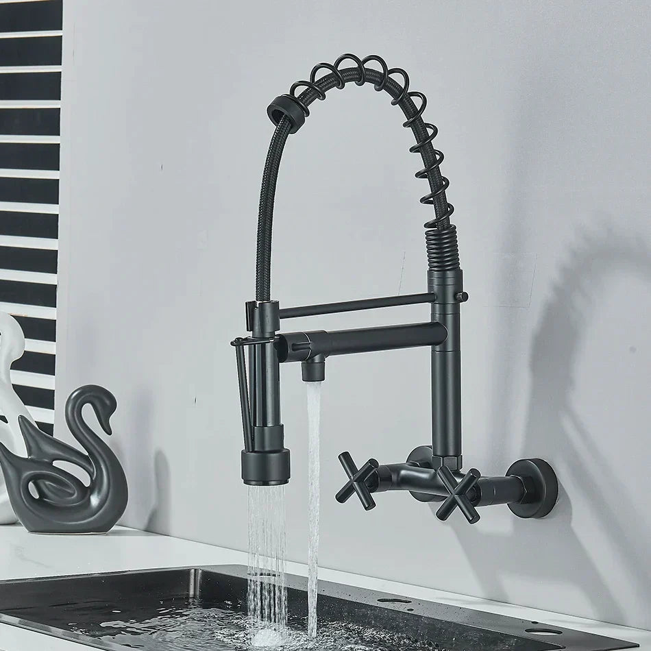 DecorBites™ Gold Black Kitchen Faucet Wall Mount Pull Down Tap Dual Swivel Spouts