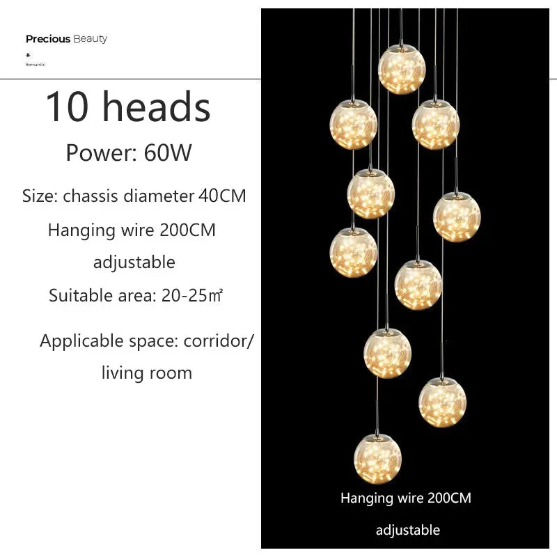 DecorBites™ LED Glass Ball Chandelier for Duplex Villa Living Room