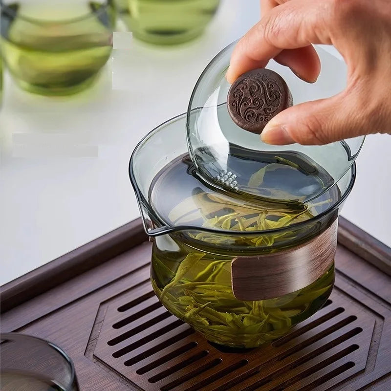 DecorBites™ Glass Teapot Set: Chinese Kung Fu Tea Bamboo Tray & Quick Drain Storage
