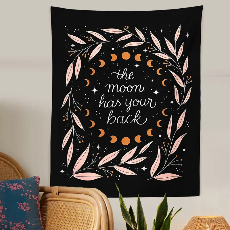 DecorBites™ Botanical Olive Leaf Moon Phase Wall Hanging Tapestries - Black Psychedelic Home Decor