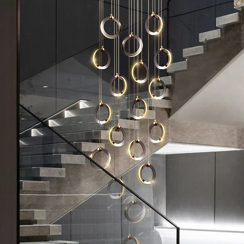 DecorBites™ Aluminum LED Chandelier Crystal Round Hanging Lamps Luxury Staircase Lighting Fixtures