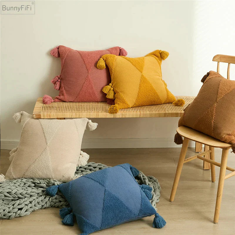 DecorBites™ Knitted Mustard Blue Tassel Cushion Cover for Home Sofa Bed Decor