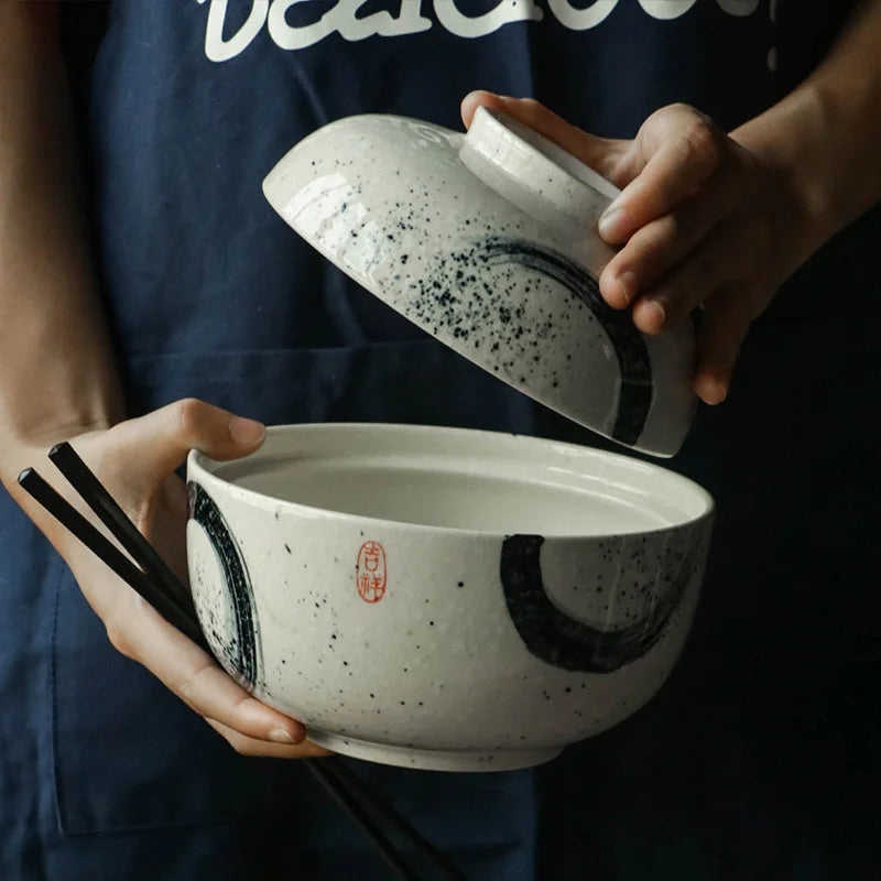 DecorBites™ Japanese Ceramic Ramen Bowl Set - Noodle Soup & Rice Bowl with Lid