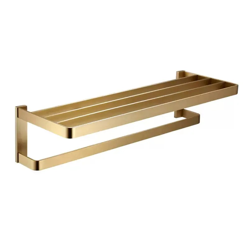 DecorBites™ Brushed Gold Bathroom Hardware Set: Towel Rack, Corner Shelf, Paper Holder, Hook, Toilet Brush Holder