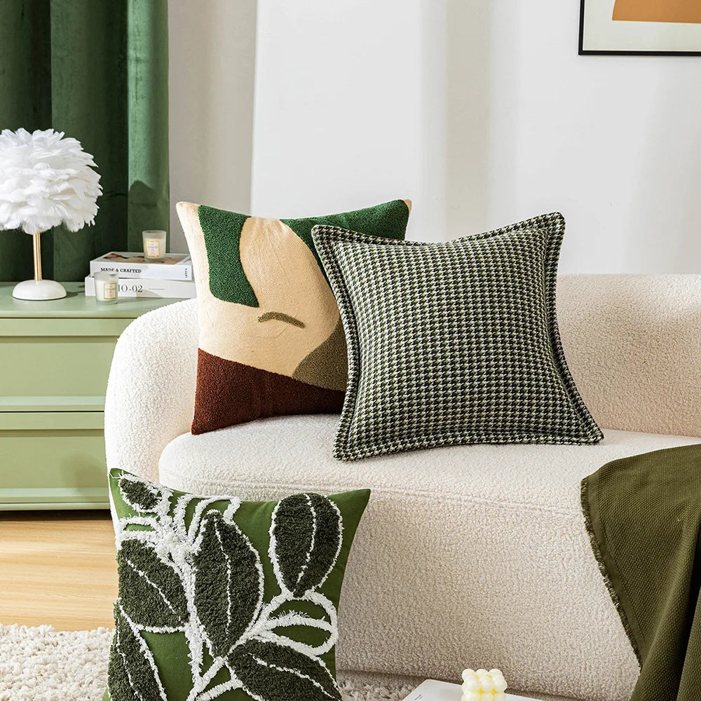 DecorBites™ Green Embroidered Tufted Cushion Cover - Modern Minimalism Art Design