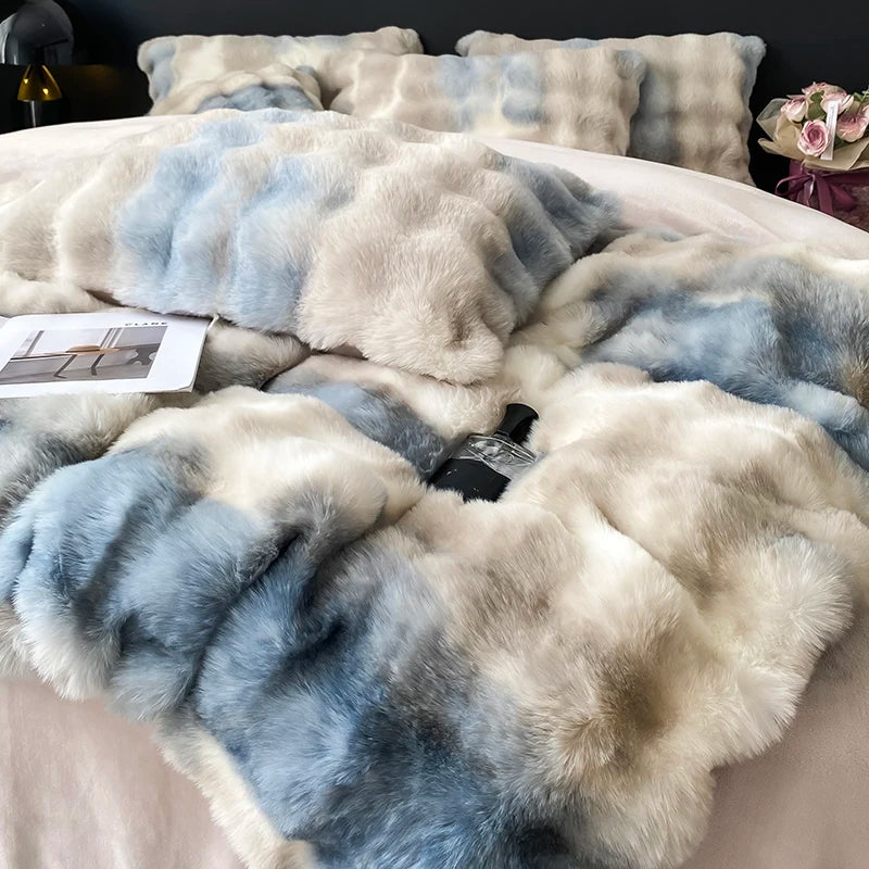 DecorBites™ Gradient Faux Rabbit Fur Bedding Set - Warm Luxury Plush Duvet Cover & Quilt Sets