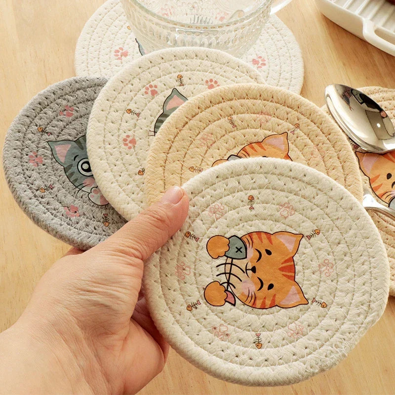 DecorBites™ Cat Print Round Woven Coaster Cup Mat Table Heat Insulation Pad