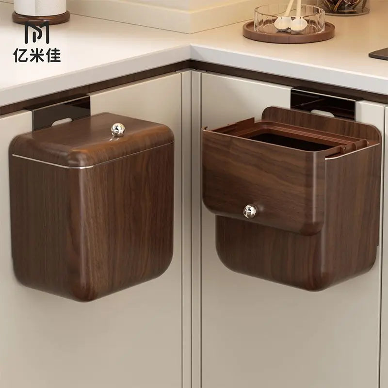 DecorBites™ Antique Style Wood Grain Hanging Kitchen Trash Can with Lid