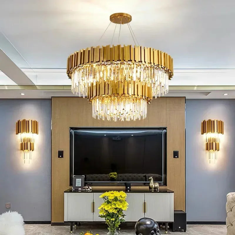 DecorBites™ Crystal LED Chandelier: Postmodern Golden Art Deco Luxury for Dinning Room