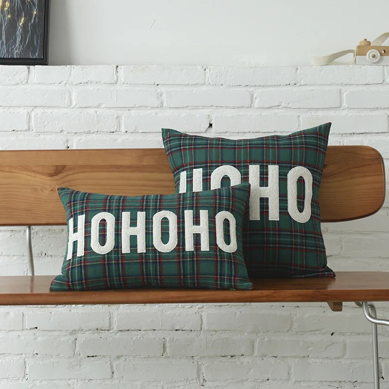 DecorBites™ Christmas Plaid Cotton Canvas Cushion Cover with Snowflake Embroidery