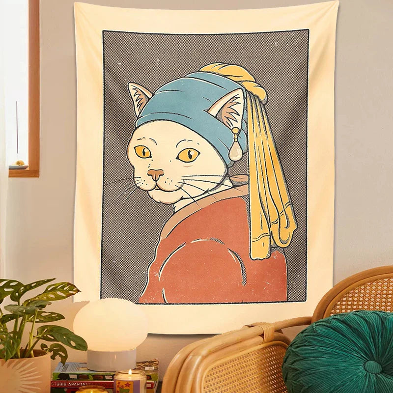 DecorBites™ Cat With Pearl Earring Metal Wall Hanging Tapestry Art