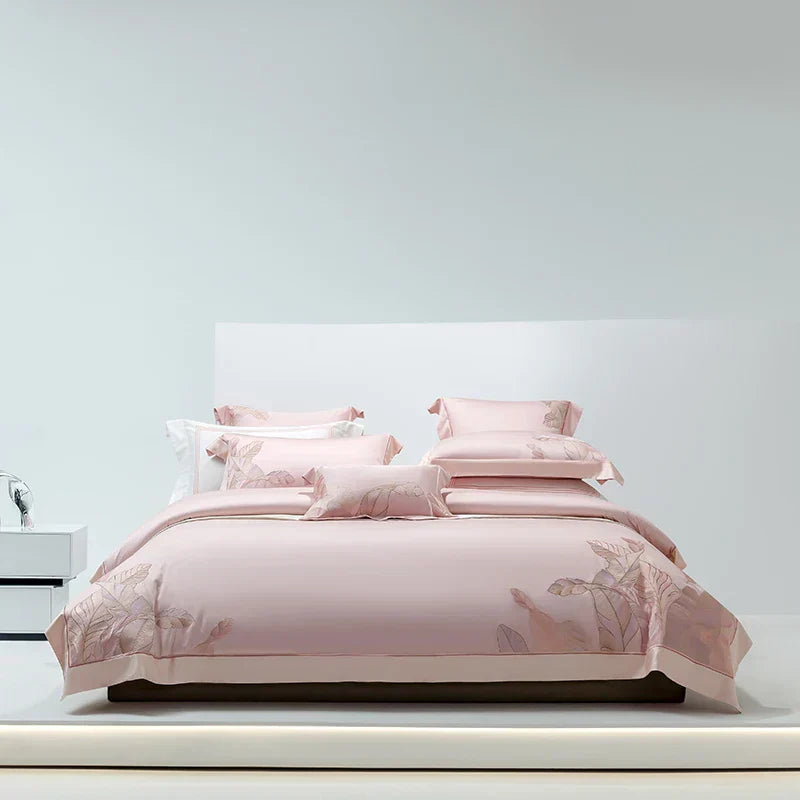 DecorBites™ Eucalyptus Lyocell Soft Silky Cool Bedding Set with Leaves Embroidery