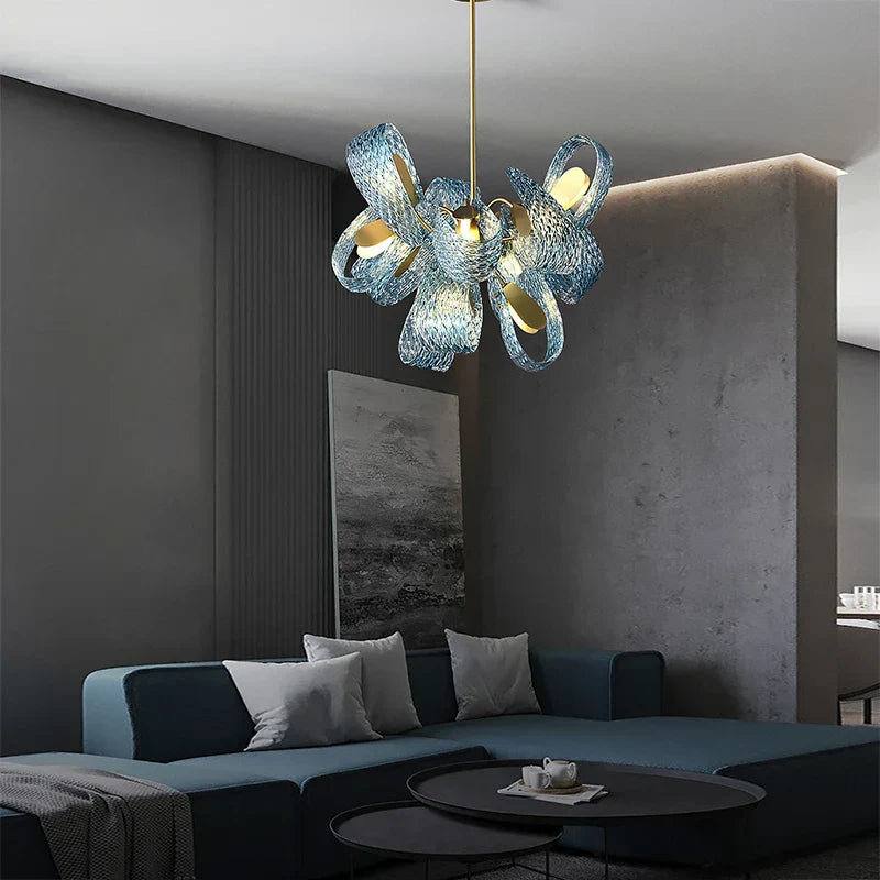 DecorBites™ Blue Glass Flower Ceiling Chandelier Copper Hanging Lamps