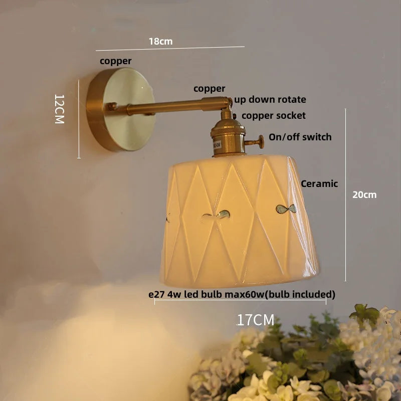 DecorBites™ Ceramic Brass LED Wall Light Fixture Pull Chain Switch Bedside Sconce