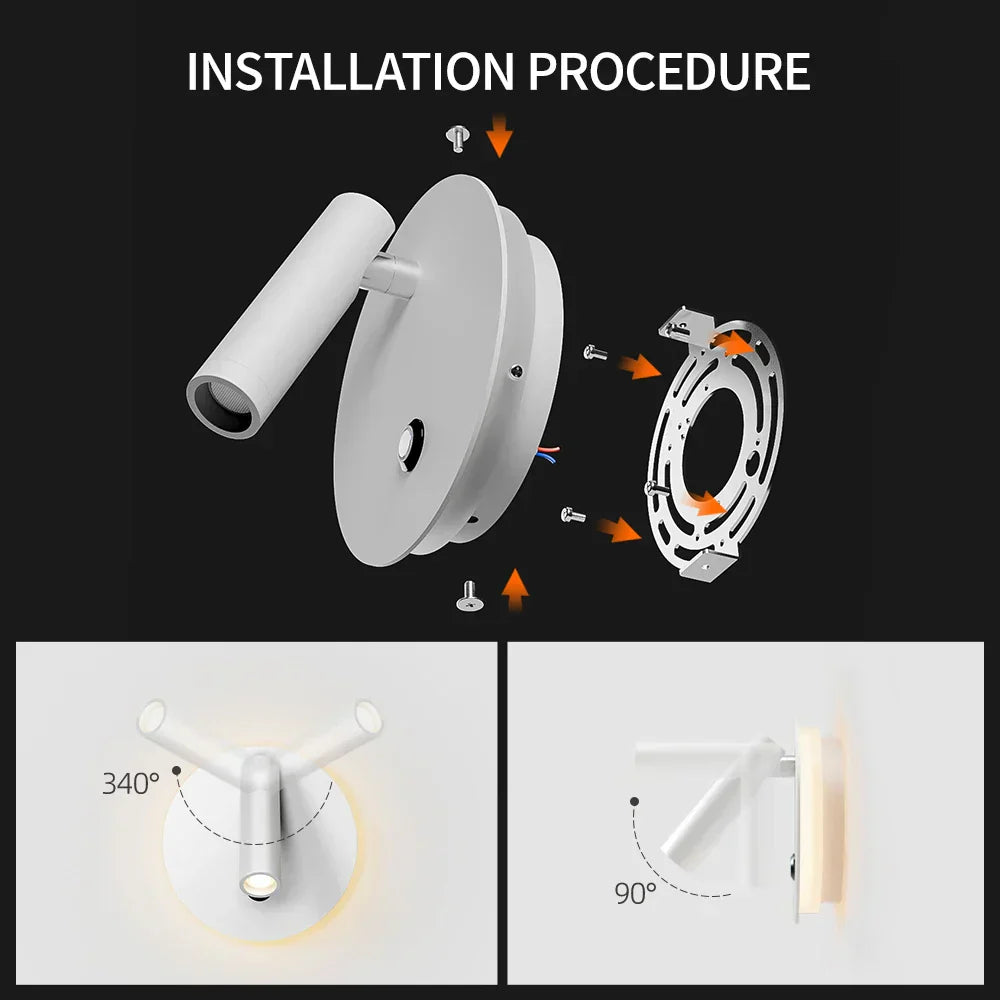 DecorBites™ Dimmable LED Wall Lamp with Touch Switch, 340° Rotatable Backlight for Bedside & Study