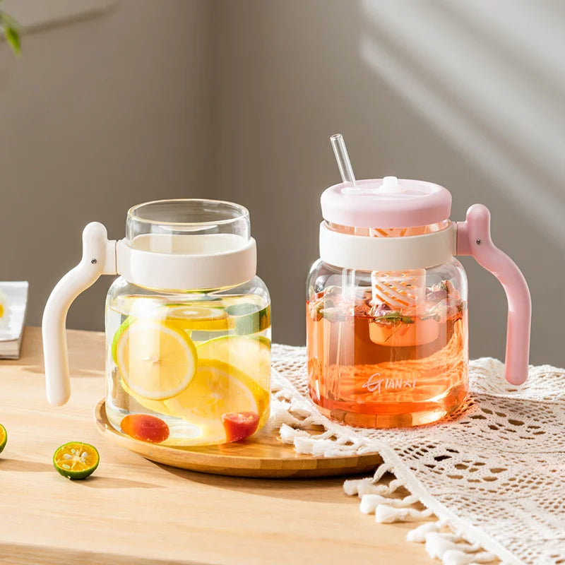 DecorBites™ 1000ML Glass Tumbler with Lid, Straw & Handle - Transparent Coffee Cup Water Bottle